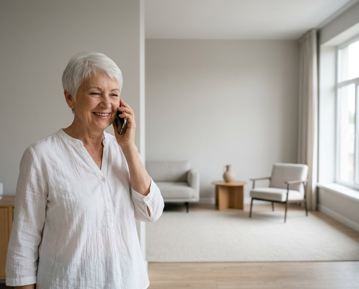 An older woman smiling on a phone call in a bright living room
